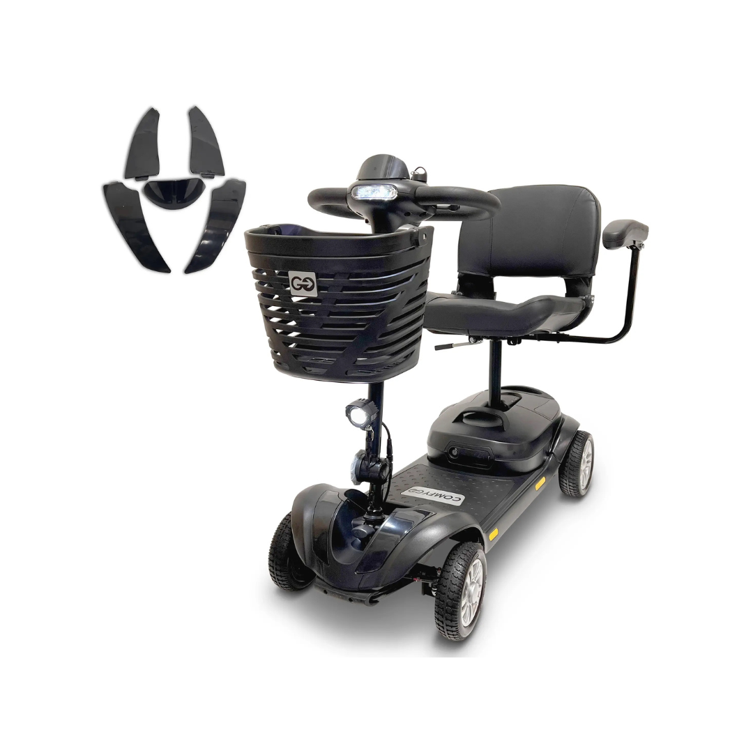 Three black Replacement Parts For ComfyGo Z-4 Mobility Scooter are shown to the left of a black scooter with four wheels, a front basket, padded seat, and armrests, all displayed on a white background.